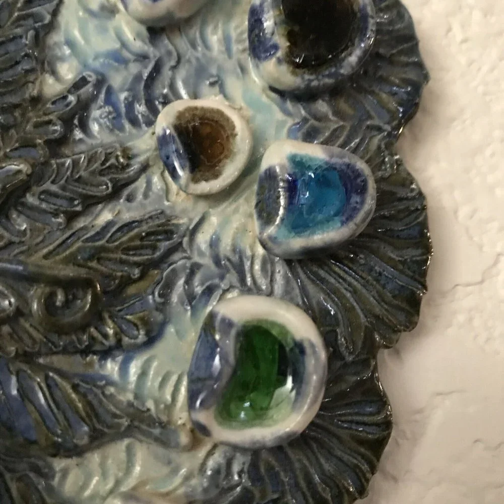 Artisan Blue and Green Sculpted Peacock Funky Ceramic Wall Decor Handmade Signed